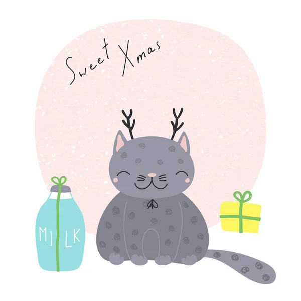 Χριστούγεννα ευχετήρια κάρτα με γάτα γελοιογραφία — Διανυσματικό Αρχείο