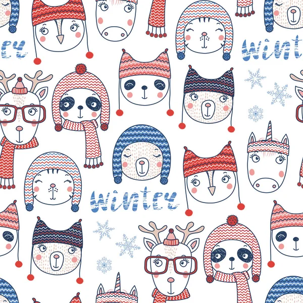 Hand drawn seamless vector pattern with cute animal faces in warm clothes on white background with text winter. Design concept for Christmas