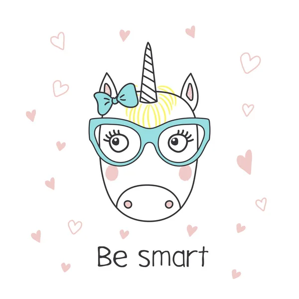 Carino divertente cartone animato unicorno in occhiali — Vettoriale Stock