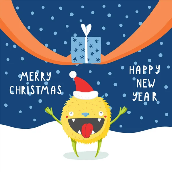 Tarjeta de Navidad con lindo monstruo divertido — Vector de stock
