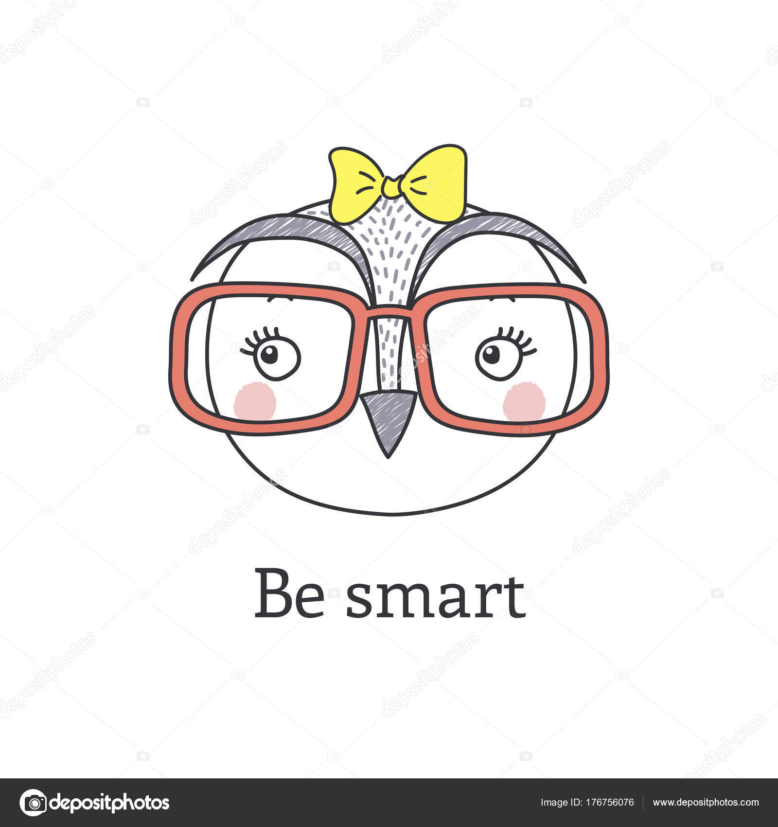 Hand Drawn Vector Portrait Cute Funny Cartoon Owl Girl