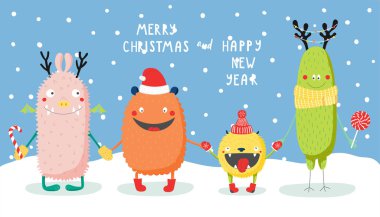 Gülümseyen ve kar altında elele şirin komik canavarlar ile Noel tebrik kartı el çekilmiş