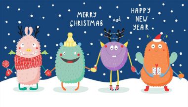 Gülümseyen ve kar altında elele şirin komik canavarlar ile Noel tebrik kartı el çekilmiş 