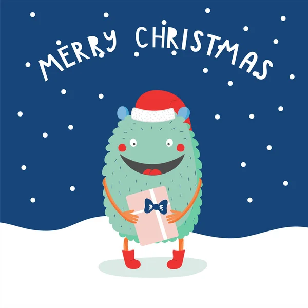 Hand Getrokken Christmas Wenskaart Met Leuke Grappige Monster Kerstmuts Met — Stockvector