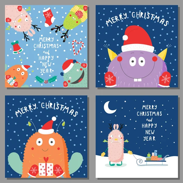 Set Hand Drawn Christmas Greeting Cards Templates Cute Funny Cartoon — Stock Vector