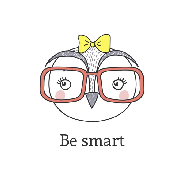 手绘矢量肖像可爱有趣的卡通猫头鹰女孩在眼镜与丝带 文本是聪明的 — 图库矢量图片