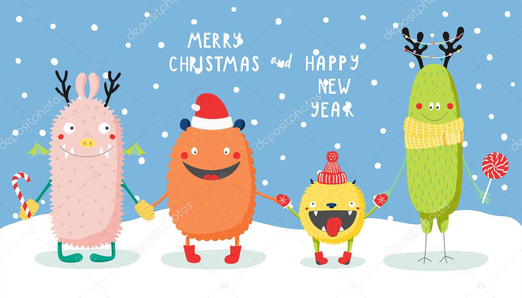 Hand drawn Christmas greeting card with cute funny monsters smiling and holding hands under snow