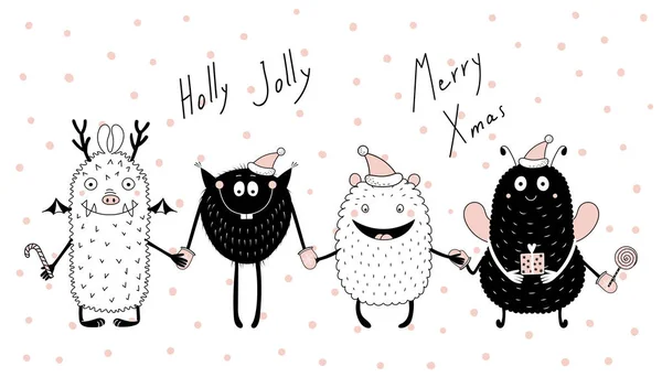 Tarjeta Felicitación Navidad Dibujada Mano Con Monstruos Divertidos Lindos Sonriendo — Vector de stock