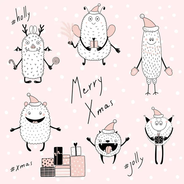 Sammlung Von Handgezeichneten Lustigen Cartoon Monstern Weihnachtsmannhüten Mit Geschenken Und — Stockvektor