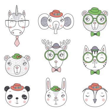 Elle çizilmiş şirin komik hayvan Portreler şapka ve gözlük seti