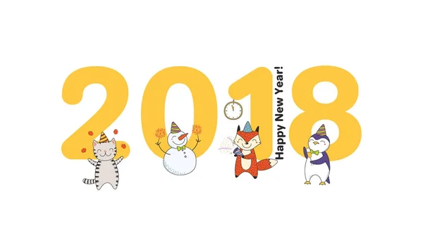Рука Намальована Щасливий Новий 2018 Вітальна Листівка Великими Цифрами Милими — стоковий вектор