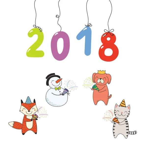 Рука Намальована Новий Рік 2018 Вітальна Листівка Цифрами Висять Струнах — стоковий вектор