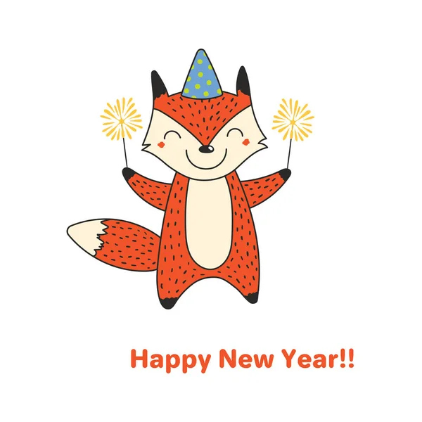 Ručně Tažené Šťastný Nový Rok Blahopřání Roztomile Vtipné Kreslené Fox — Stockový vektor