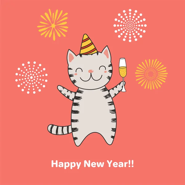 Открытка Поздравления Новым Годом Милой Смешной Мультяшной Кошкой Бокалом Шампанского — стоковый вектор