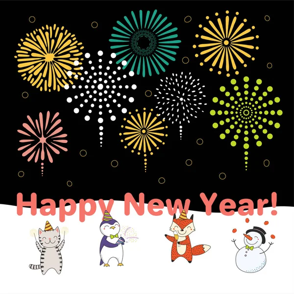 Dibujado Mano Feliz Año Nuevo 2018 Tarjeta Felicitación Con Animales — Archivo Imágenes Vectoriales