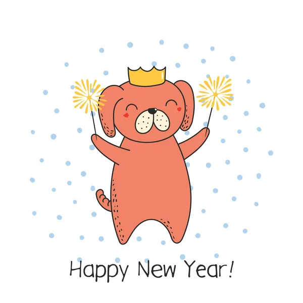 Hand Getrokken Happy New Year Wenskaart Met Leuke Grappige Cartoon — Stockvector