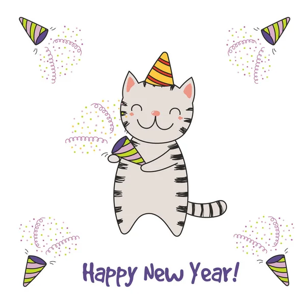 Ručně Tažené Šťastný Nový Rok Blahopřání Roztomile Vtipné Kreslené Kočka — Stockový vektor
