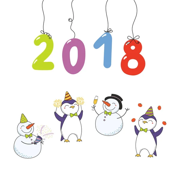 Hand Drawn New Year 2018 Greeting Card Numbers Hanging Strings — Stock Vector