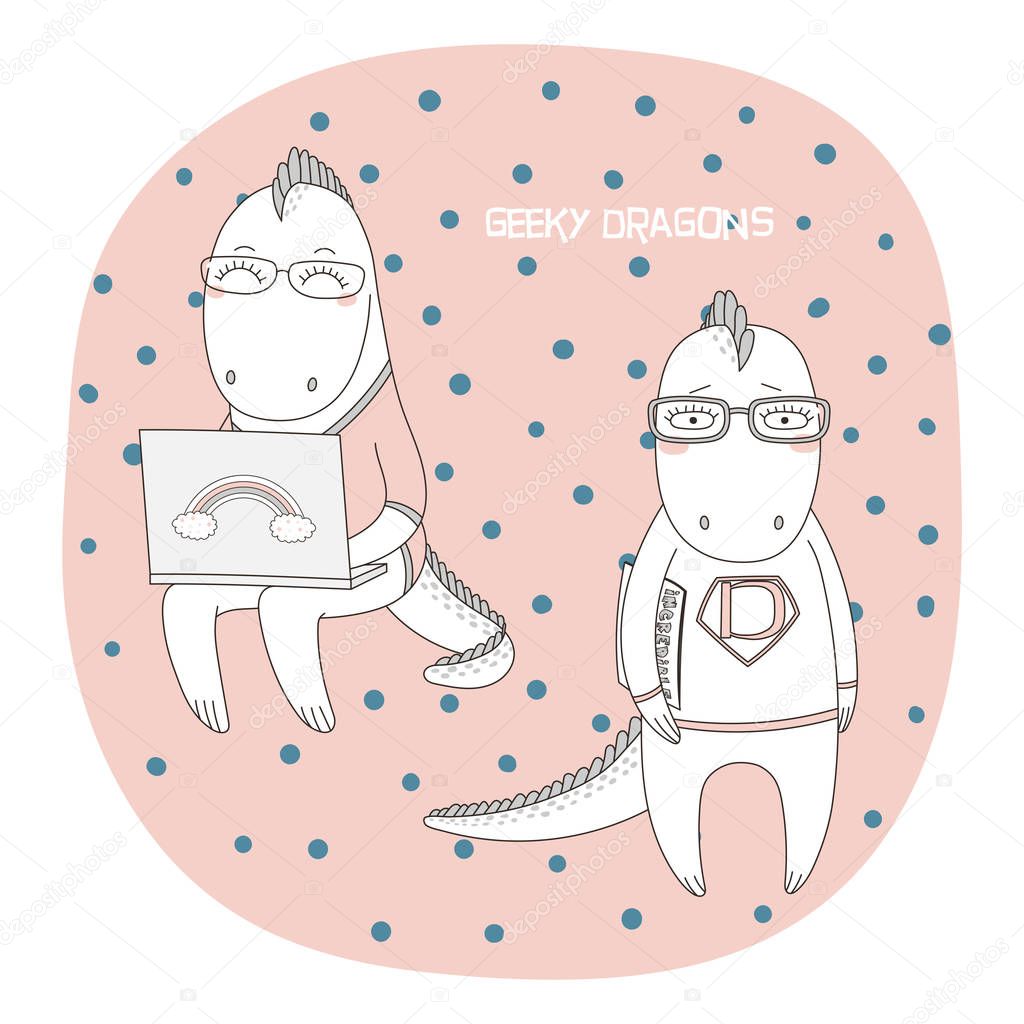 Hand drawn vector illustration of cute funny cartoon geeky dragons in glasses and sweatshirts holding comic book and laptop computer 