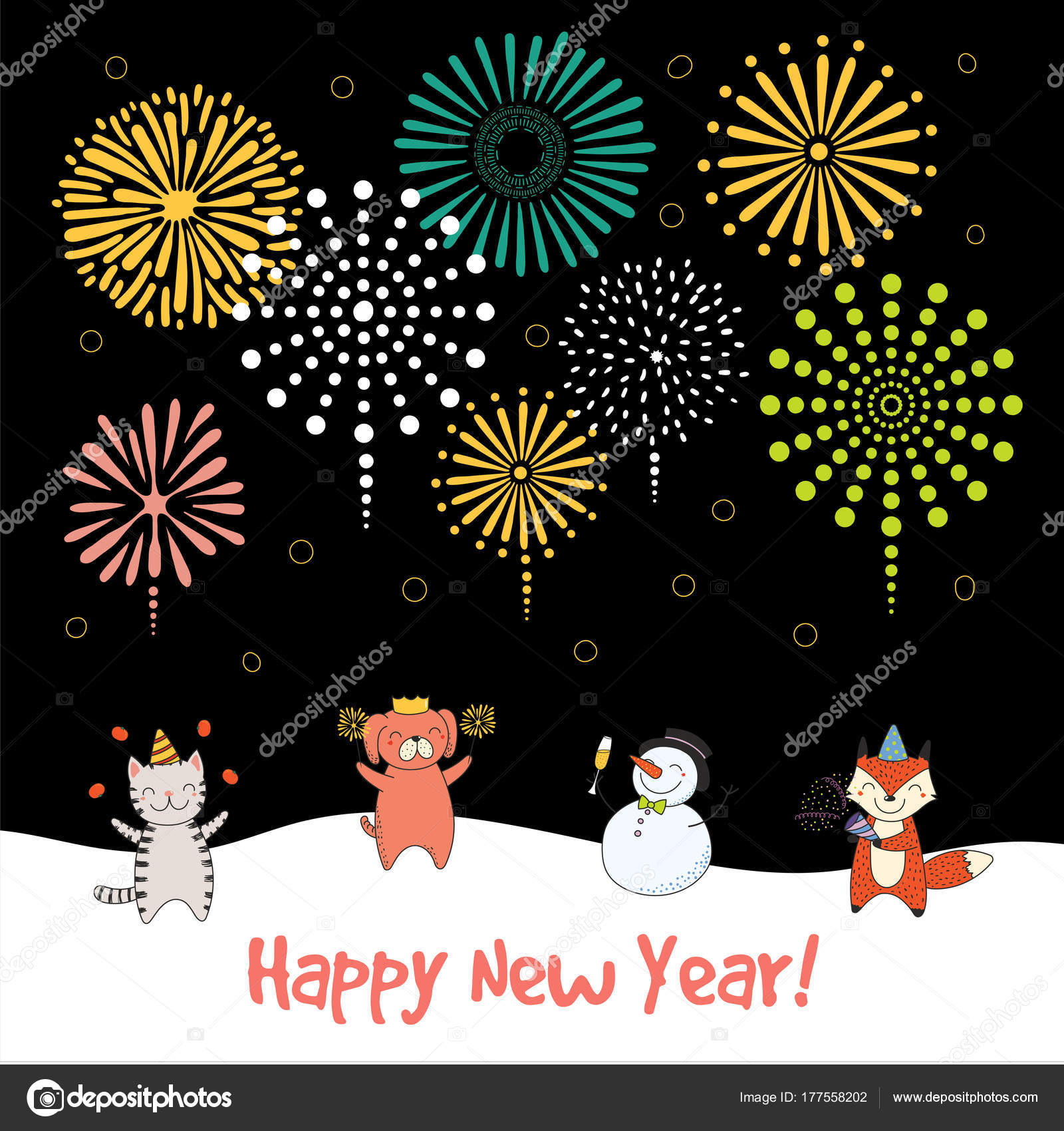 Hand Drawn Happy New Year 2018 Greeting Card Cute Funny Stock Vector Image  by ©Maria_Skrigan #177558202