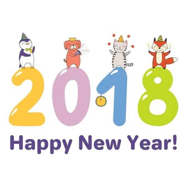 かわいい面白い漫画動物 2018 に大きな数字の上に立って描かれた幸せな新しい年 2018 グリーティング カードを手します — ストックベクタ