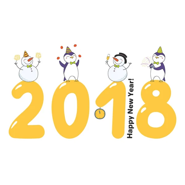 Bonne Année 2018 Carte Vœux Dessinée Main Avec Des Manchots — Image vectorielle