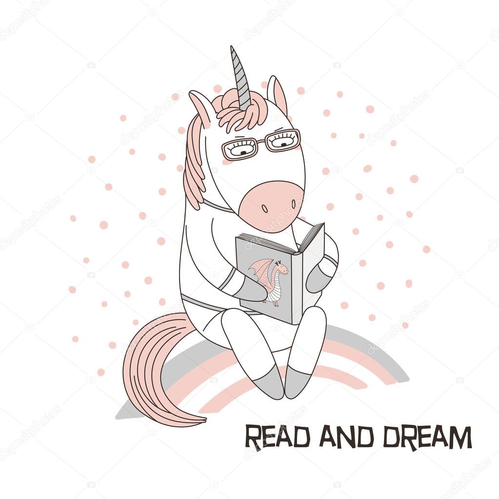 Hand drawn vector illustration of cute funny cartoon unicorn sitting on rainbow and reading book with dragon on cover 
