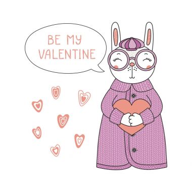 Şirin komik karikatür tavşan kalp, Sevgililer günü kavramı holding hırka içinde çizilmiş vektör çizim el