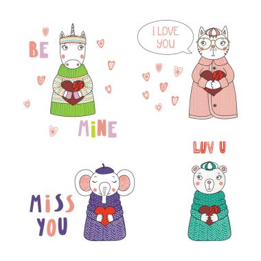 Elle çizilmiş şirin komik karikatür hayvanlarda kazak ve şapka kupa, Sevgililer günü kavramı holding kümesi
