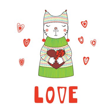 Şirin komik karikatür kedi kazaklı çikolata kalp, Sevgililer günü kavramı holding çizilmiş vektör çizim el  