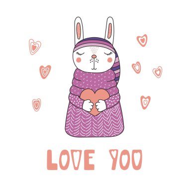 Şirin komik karikatür tavşan çikolata kalp, Sevgililer günü kavramı holding kazaklı çizilmiş vektör çizim el    