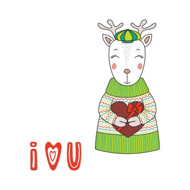 Şirin komik karikatür geyik çikolata kalp, Sevgililer günü kavramı holding kazaklı çizilmiş vektör çizim el       