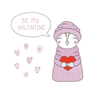 Şirin komik karikatür baykuş çikolata kalp, Sevgililer günü kavramı holding kazaklı çizilmiş vektör çizim el       