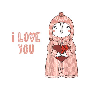 Çikolata kalp, Sevgililer günü kavramı holding hırka şirin komik karikatür baykuş çizilmiş vektör çizim el        