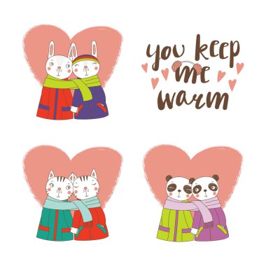 Çizilmiş şirin komik hayvan tutuşup çiftler ve kaşkol, Sevgililer günü kavramı sarılmış el kümesi       