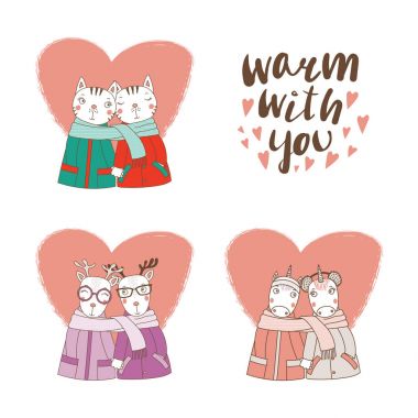 Çizilmiş şirin komik hayvan tutuşup çiftler ve kaşkol, Sevgililer günü kavramı sarılmış el kümesi        