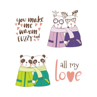 Çizilmiş şirin komik hayvan tutuşup çiftler ve kaşkol, Sevgililer günü kavramı sarılmış el kümesi    