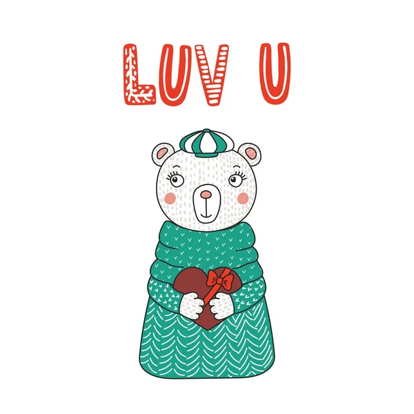 手绘矢量插图可爱滑稽卡通熊在毛衣捧着巧克力心 情人节概念 — 图库矢量图片
