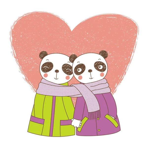 Ilustración Vectorial Dibujada Mano Par Pandas Divertidos Lindos Abrigos Tomados — Archivo Imágenes Vectoriales