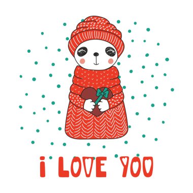 Şirin komik karikatür panda çikolata kalp, Sevgililer günü kavramı holding kazaklı çizilmiş vektör çizim el    