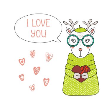 Şirin komik karikatür geyik çikolata kalp, Sevgililer günü kavramı holding kazaklı çizilmiş vektör çizim el    