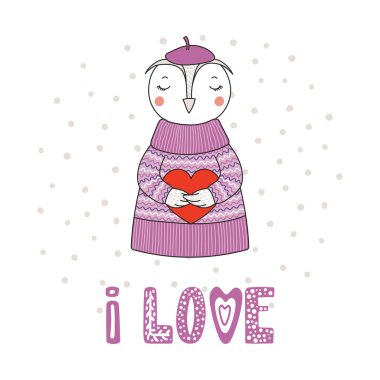 Şirin komik karikatür baykuş kazak ve kalp, Sevgililer günü kavramı holding şapkası çizilmiş vektör çizim el    