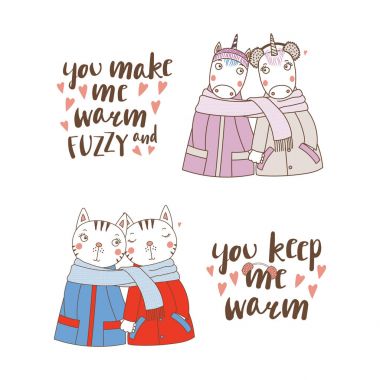 Çizilmiş şirin komik hayvan tutuşup çiftler ve kaşkol, Sevgililer günü kavramı sarılmış el kümesi    