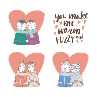 Çizilmiş şirin komik hayvan tutuşup çiftler ve kaşkol, Sevgililer günü kavramı sarılmış el kümesi    