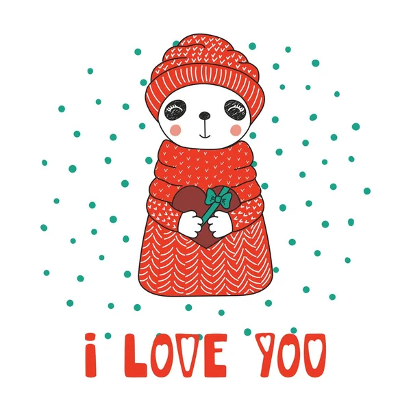 스웨터 초콜릿 발렌타인 개념을 귀여운 팬더의 그려진된 일러스트 — 스톡 벡터