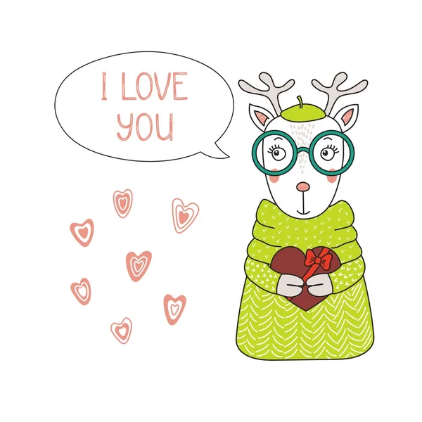 Şirin komik karikatür geyik çikolata kalp, Sevgililer günü kavramı holding kazaklı çizilmiş vektör çizim el    