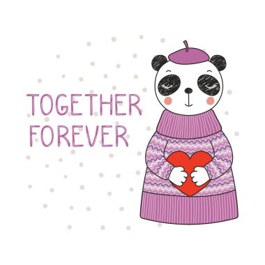 Şirin komik karikatür panda kazak ve kalp, Sevgililer günü kavramı holding bere çizilmiş vektör çizim el 