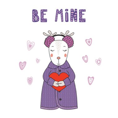 Elle çizilmiş vektör çizim şirin komik karikatür geyik hırka ve kalp, Sevgililer günü kavramı holding etkilidirler 