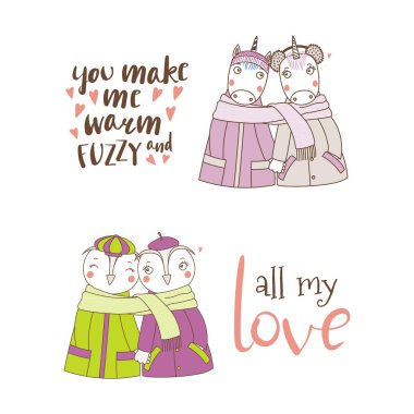 Çizilmiş şirin komik hayvan tutuşup çiftler ve kaşkol, Sevgililer günü kavramı sarılmış el kümesi 