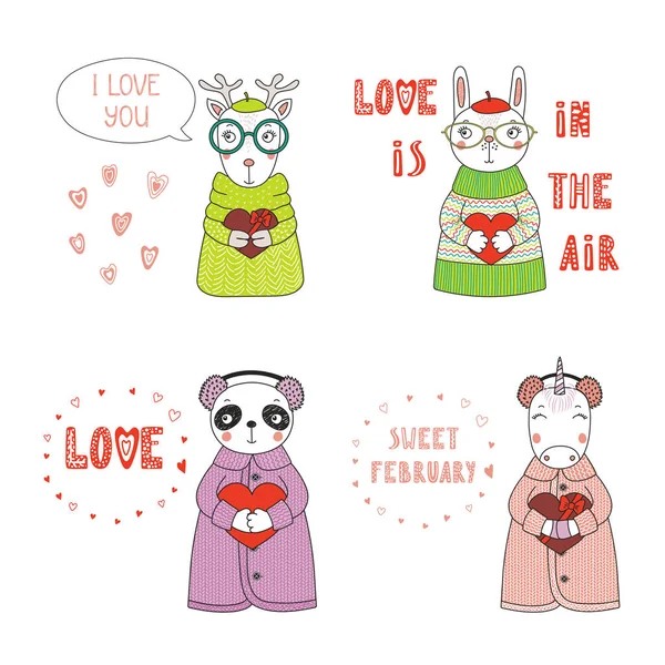 Elle çizilmiş şirin komik karikatür hayvanlarda kazak ve şapka kupa, Sevgililer günü kavramı holding kümesi 